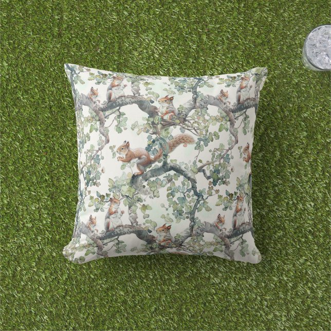 Coussin Motif d'écureuils mignons (Herbe)