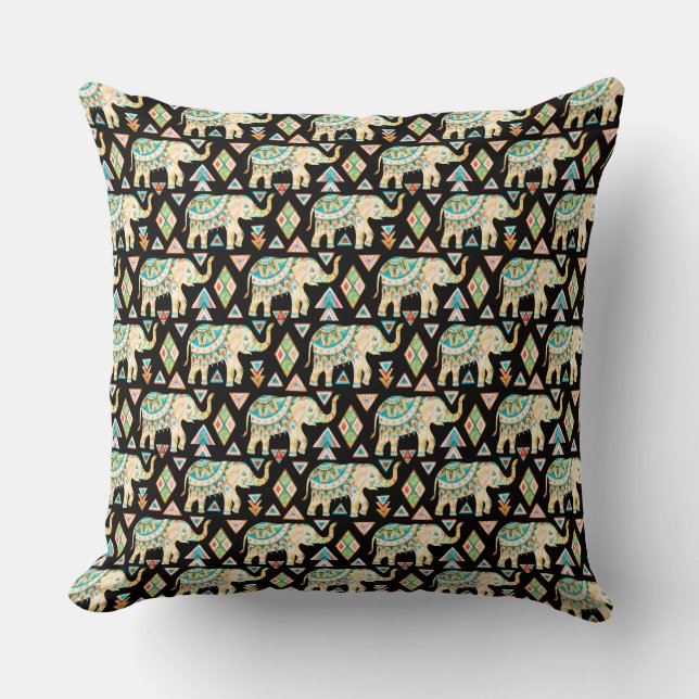 Coussin Motif d'éléphants indiens colorés (Recto)