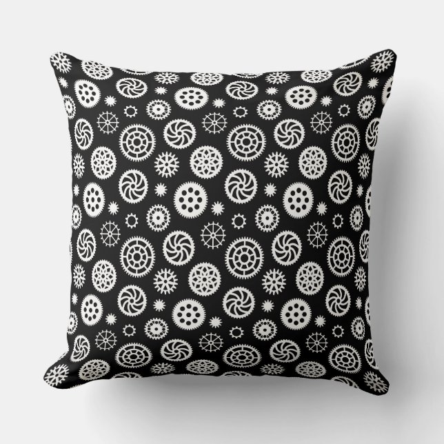 Coussin Motif d'engrenages 070819 - Blanc sur noir (Recto)