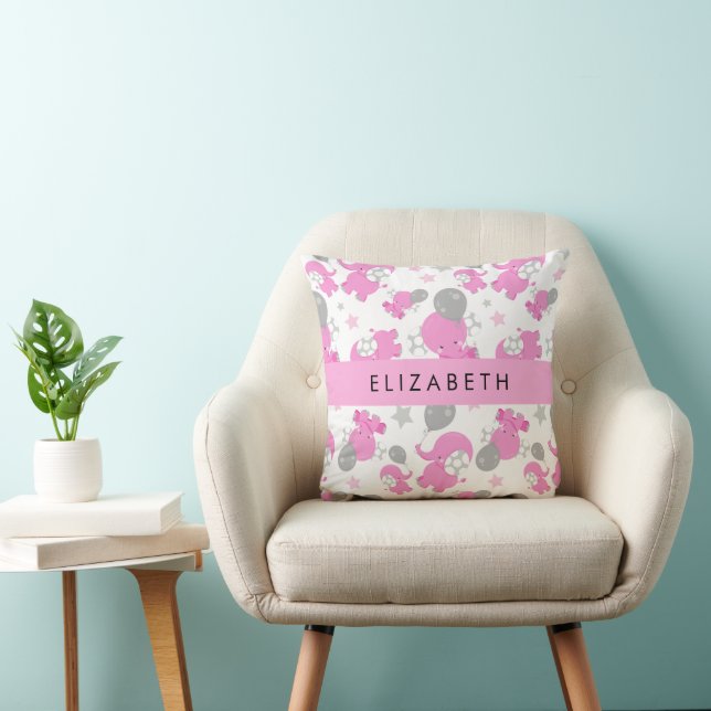 Coussin Motif Des Eléphants Roses, Étoiles, Votre Nom (Chaise)