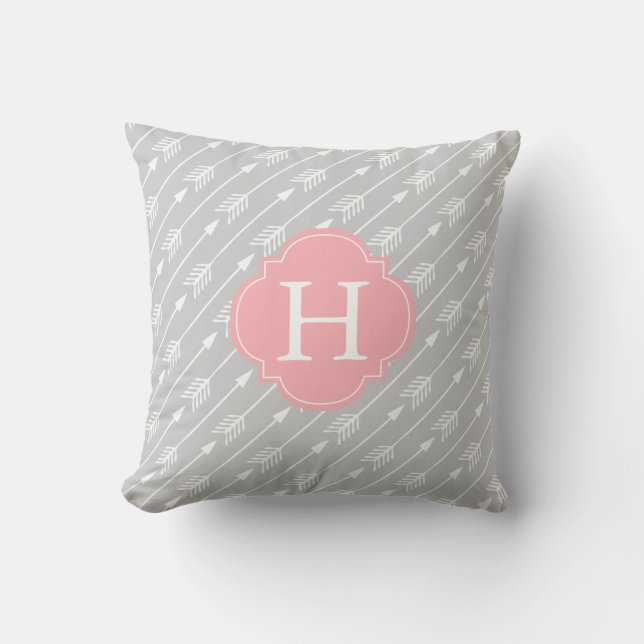 Coussin Motif des flèches monogrammes rose et gris (Recto)