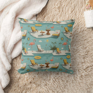 Coussin Motif d'été au bord de la piscine rétro flamant ro