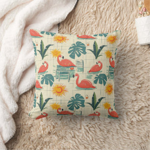 Coussin Motif d'été au bord de la piscine rétro flamant ro