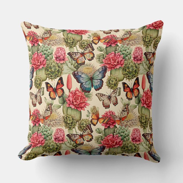 Coussin Motif d'été lumineux avec papillons et cactus (Recto)
