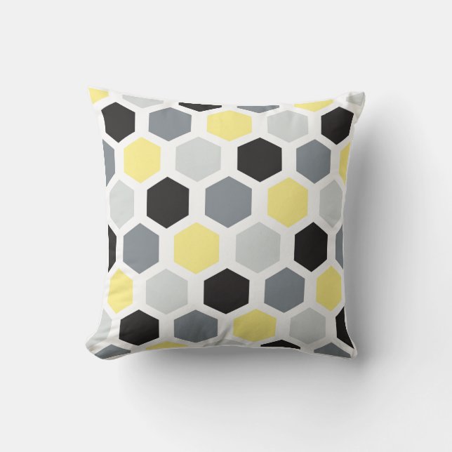 Coussin Motif d'Hexagon rétro jaune, noir et gris (Recto)