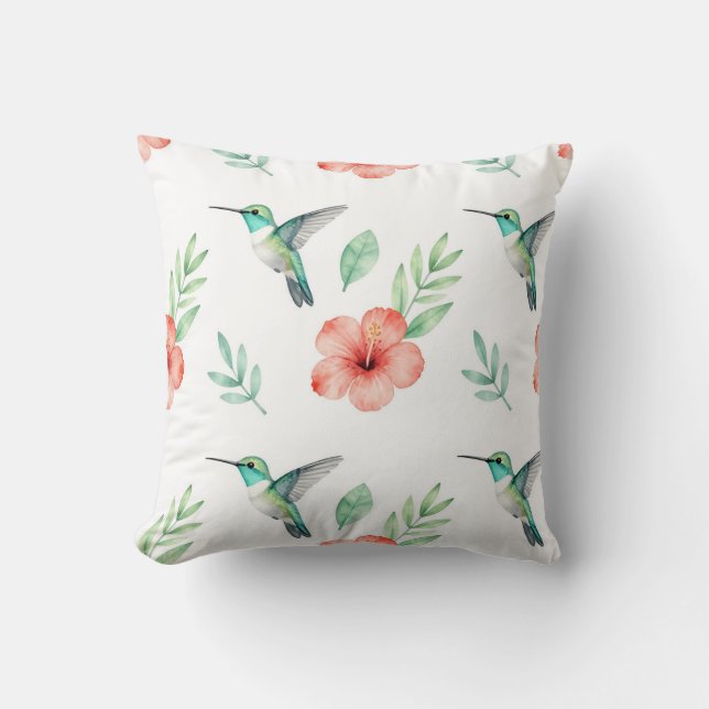 Coussin Motif d'hibiscus au colibri turquoise (Recto)