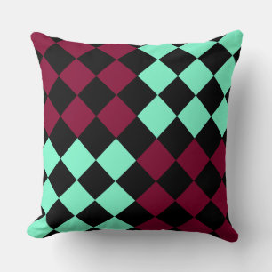 Coussin Motif diamant à carreaux bordeaux aquamarine