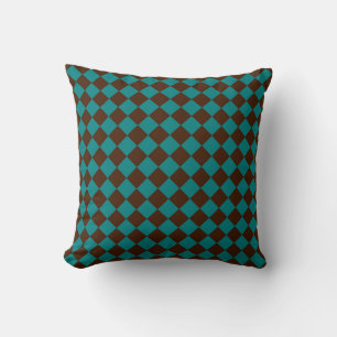 Coussin Motif diamant à carreaux marron chocolat sarcelle