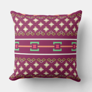Coussin Motif diamant aztèque boho sud-ouest en bordeaux