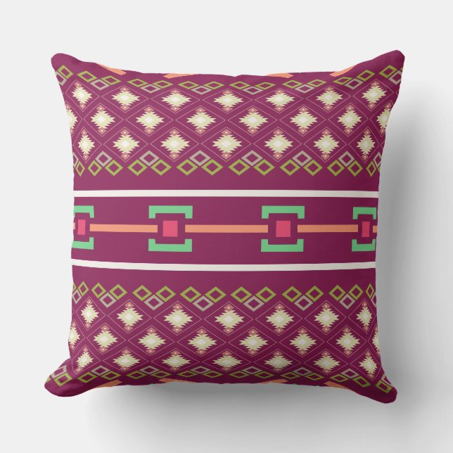 Coussin Motif diamant aztèque boho sud-ouest en bordeaux (Recto)