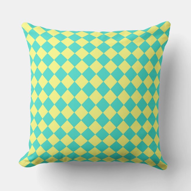 Coussin Motif diamant damier turquoise jaune (Recto)