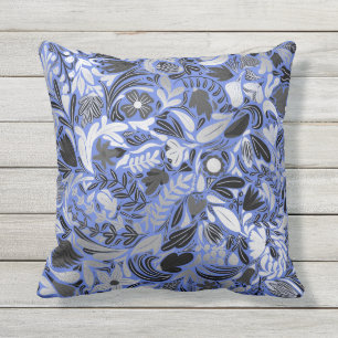 Coussin Motif d'illustration Feuilles floral bleu argent