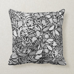 Coussin Motif d'illustration Feuilles floraux noirs argent
