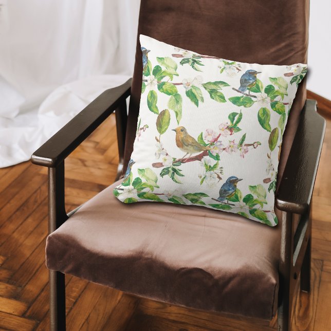 Coussin Motif d'oiseaux de printemps Apple Blossom (Créateur téléchargé)