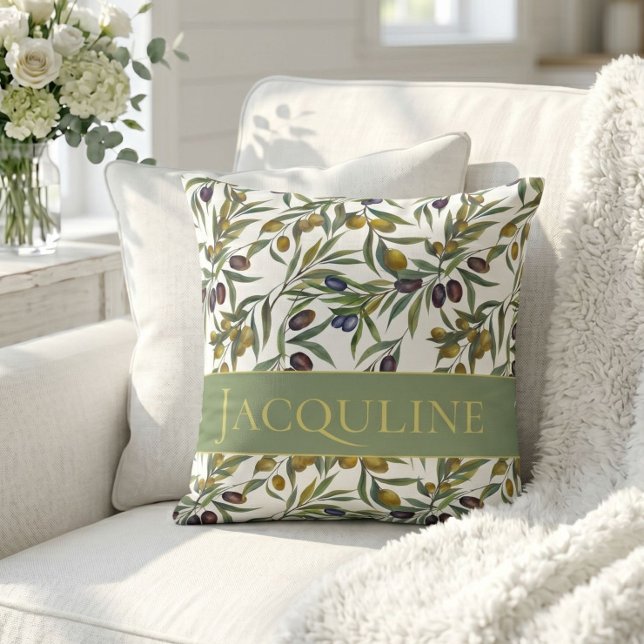 Coussin Motif d'olive de campagne française aquarelle vert (Créateur téléchargé)