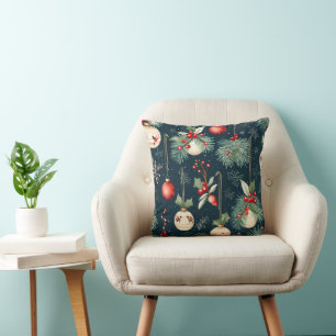Coussin Motif d'ornement de Noël sarcelle et rouge vintage