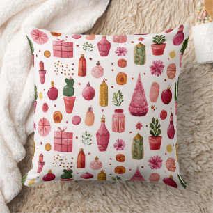 Coussin Motif d'ornements de Noël en forme de cactus rose