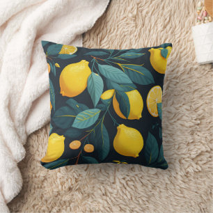 Coussin Motif du jardin de citron. Agrumes tropicaux jaune