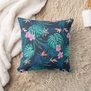 Coussin Motif du Jardin des Fleurs Tropicales Bleues