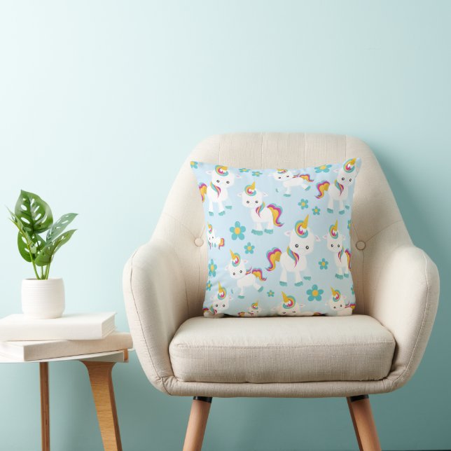Coussin Motif D'Unicornes, De Mignons Unicornes, Fleurs (Chaise)