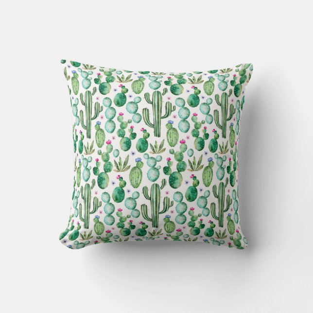 Coussin Motif d'usines de cactus d'aquarelle (Recto)