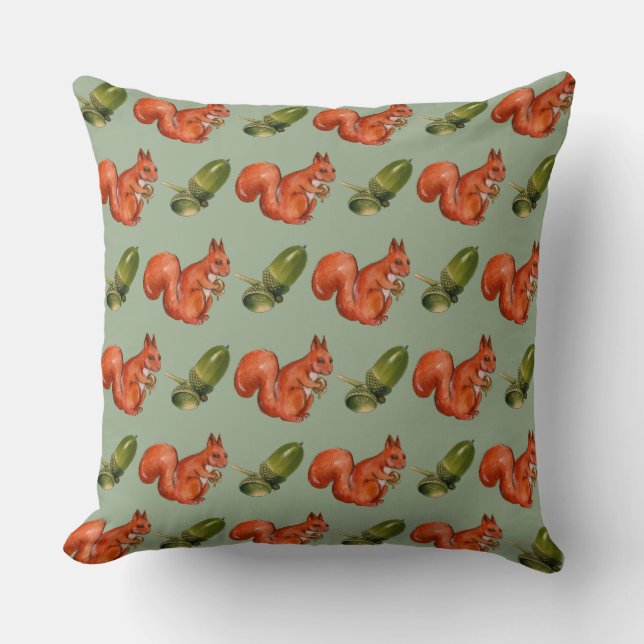 Coussin Motif Écureuil et Gland Vert (Recto)