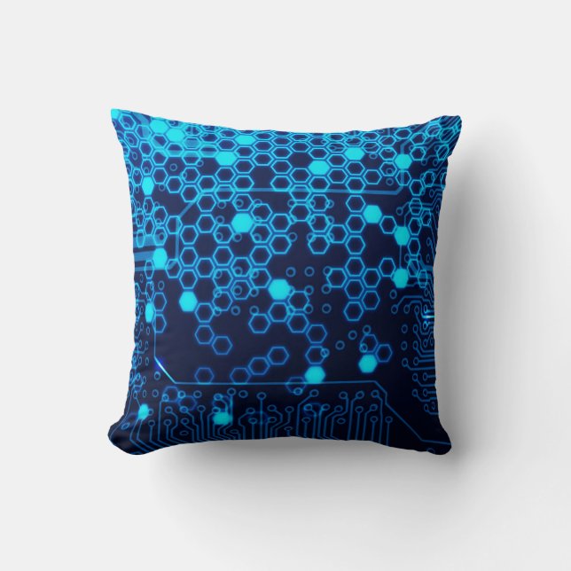 Coussin Motif électronique bleu frais d'hexagone de carte (Recto)