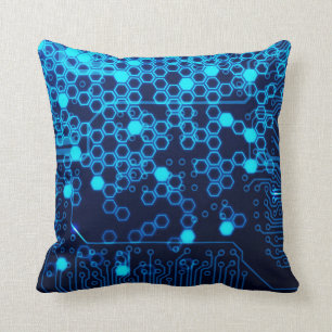Coussin Motif électronique bleu frais d'hexagone de carte