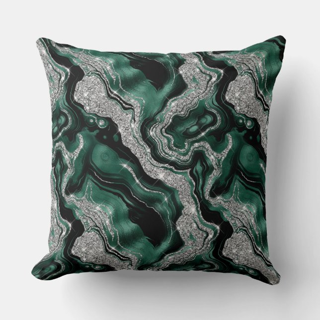 Coussin Motif élégant d'agate vert et paillettes argentées (Recto)