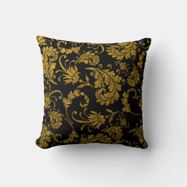 Coussin Motif élégant de damassé d'or sur le noir (Recto)