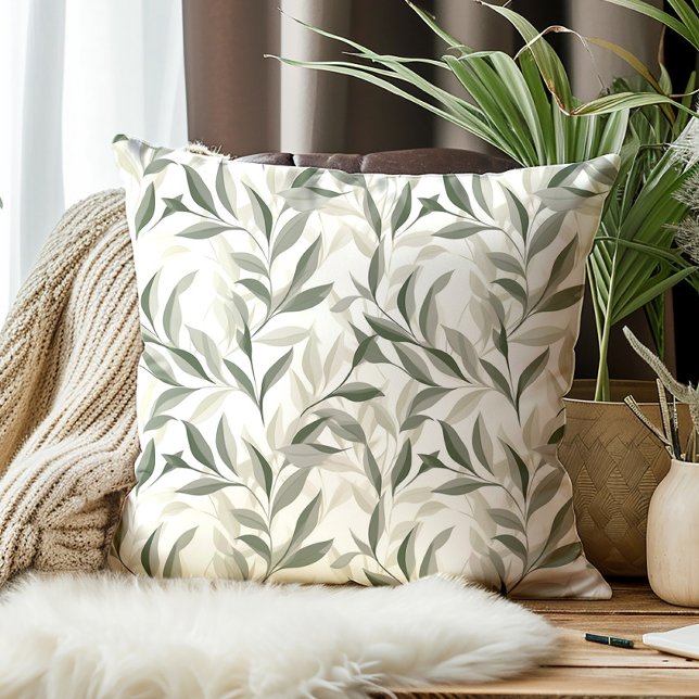 Coussin Motif élégant de feuilles vert sauge (Green leaves decorator pillow)