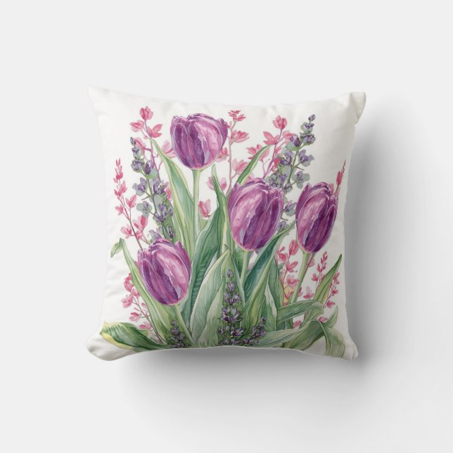 Coussin Motif élégant de fleurs de tulipe, rayures violett (Recto)