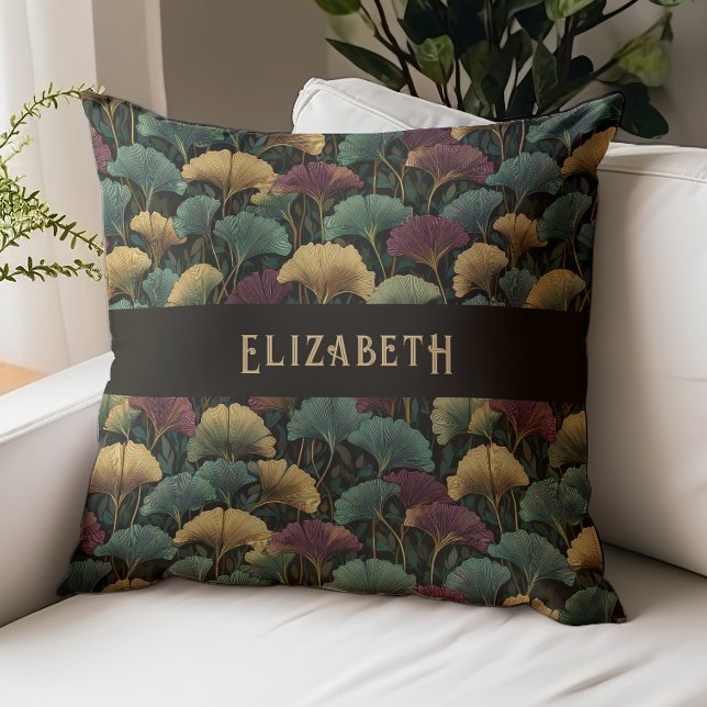 Coussin Motif élégant de Ginkgo Monogramme de nom Tons de  (Créateur téléchargé)