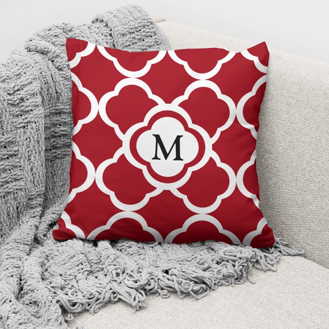 Coussin Motif élégant de monogramme rouge en quatrefeuille (Créateur téléchargé)