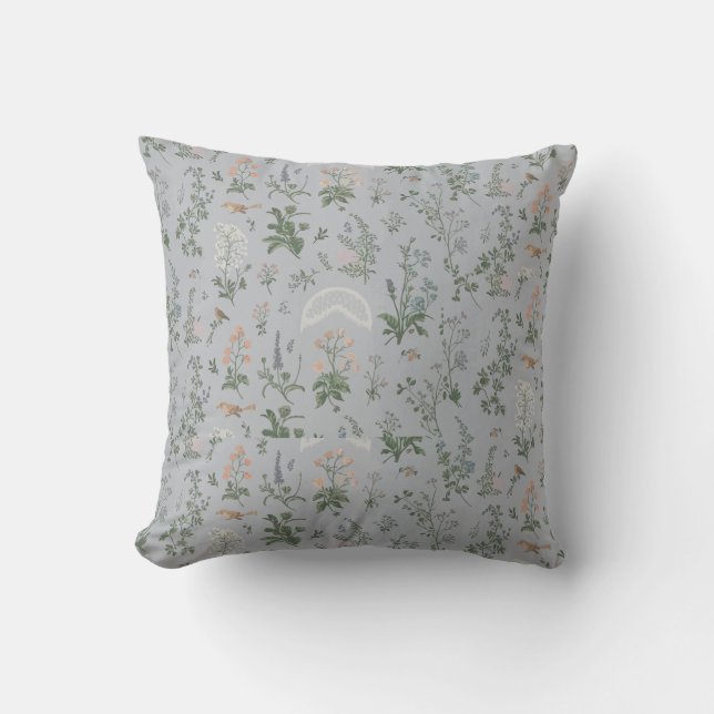 Coussin Motif Élégant d'Oiseaux et de Fleurs (Recto)