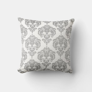 Coussin Motif élégant moderne damassé argent et blanc
