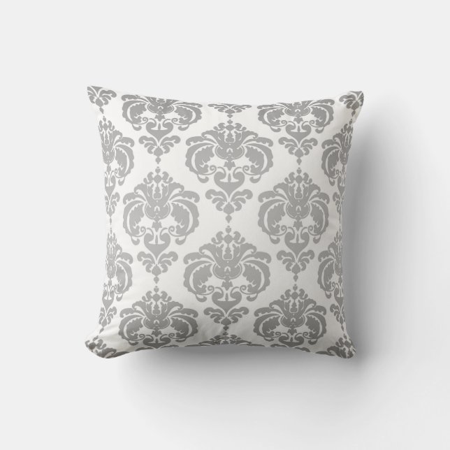 Coussin Motif élégant moderne damassé argent et blanc (Recto)