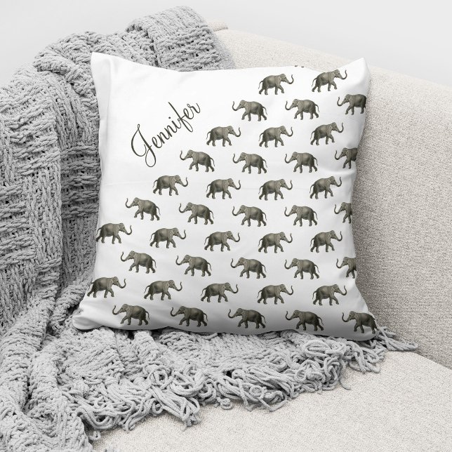Coussin Motif éléphant vintage Nom personnalisé (Créateur téléchargé)