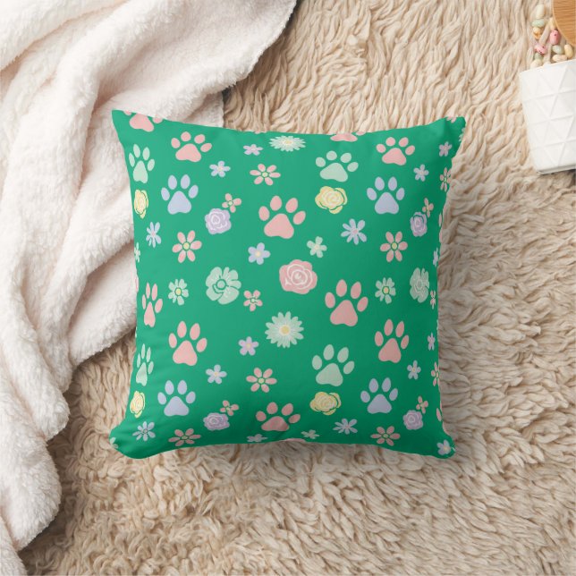 Coussin Motif Empreintes de Patte et Fleurs Pastel Doux  (Couverture)