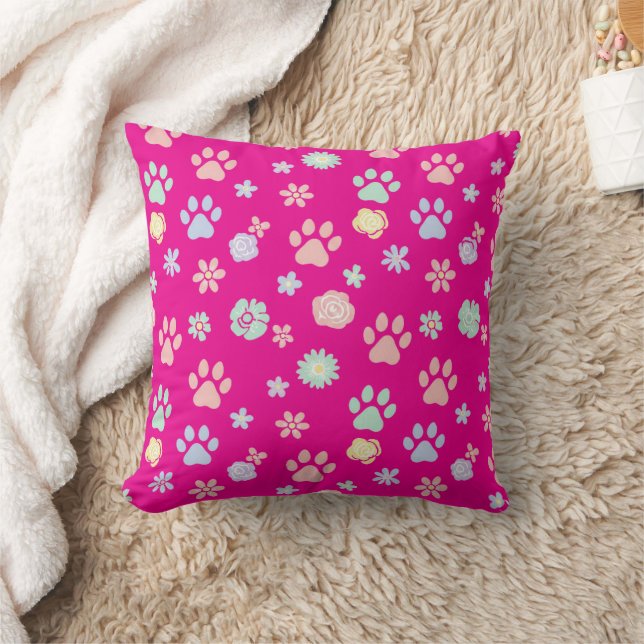 Coussin Motif Empreintes de Patte et Fleurs Pastel Doux  (Couverture)