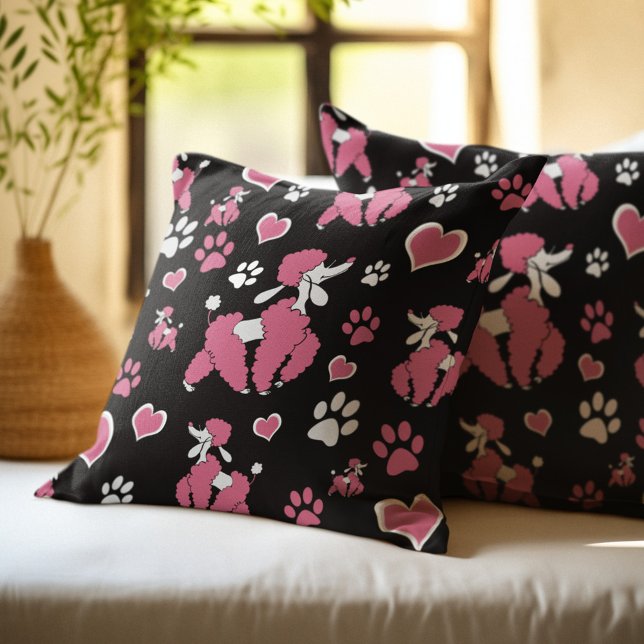 Coussin Motif Empreintes de Pattes et Caniches Roses (Créateur téléchargé)