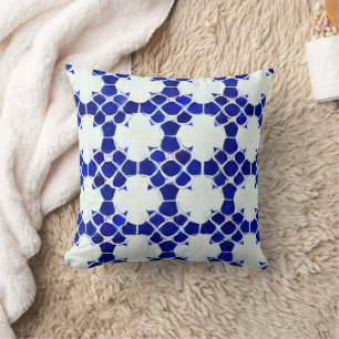 Coussin Motif en carreaux bleu marocain peint à la main