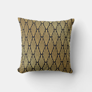 Coussin Motif en feuille de palmier Art Déco noir et or in