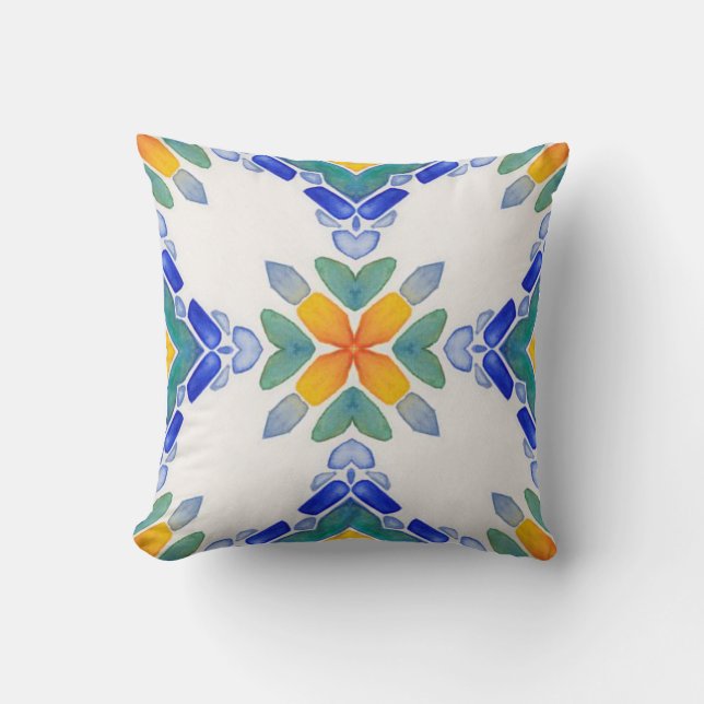 Coussin Motif en mosaïque blanche orange bleu vert (Recto)