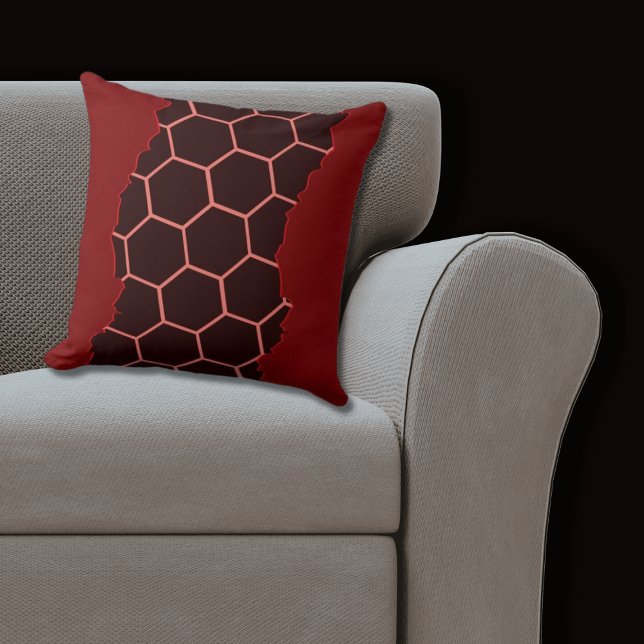 Coussin Motif en nid d'abeille rouge et noir moderne déchi (Red Pillow Hexagon Pattern)
