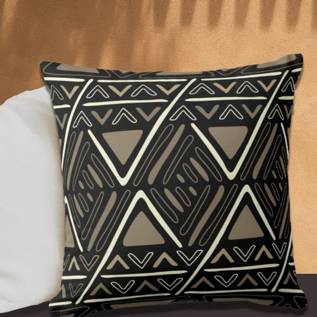 Coussin Motif en tissu de boue Boho moderne noir (Créateur téléchargé)