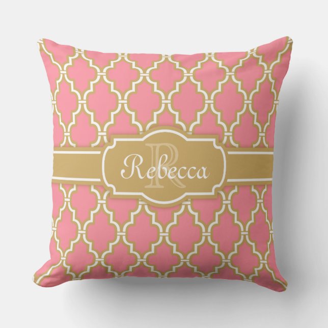 Coussin Motif en treillis rose et or monogramme (Recto)
