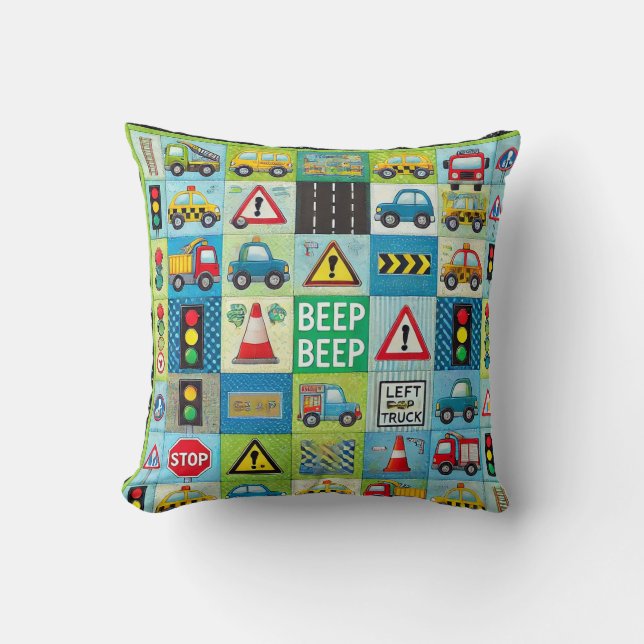 Coussin 🚗🚚 Motif Enfants Voitures & Camions Cadeau Déco  (Recto)
