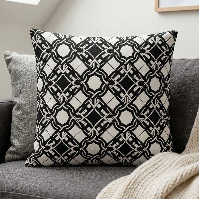 Coussin Motif entrelacé Art Déco noir et blanc (Créateur téléchargé)