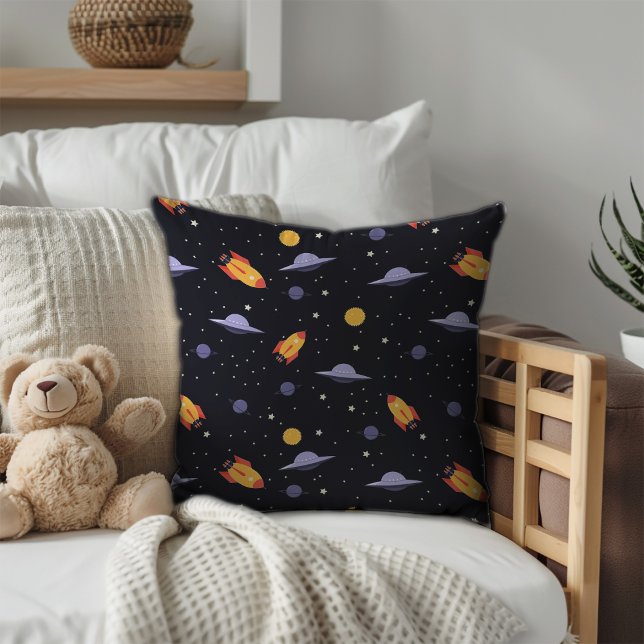 Coussin Motif espace lavande orange noir (Pattern space lavender orange black throw pillow.)